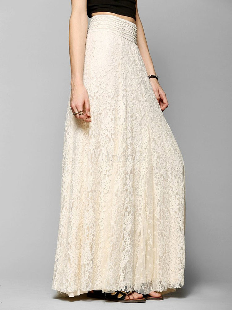Lace Maxi Skirt Women's Apricot Elastic Waist Layered Pleated A Line Long Skirt | Milanoo