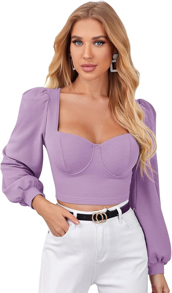 SheIn Women's Elegant Sweetheart Neck Lantern Long Sleeve Solid Crop Top Blouse | Amazon (US)