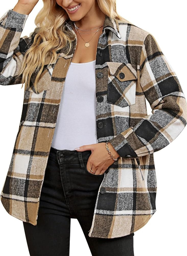 GRAPENT Women's Oversized Plaid Button Down Shirt Quilted Lined Shacket Jacket | Amazon (US)