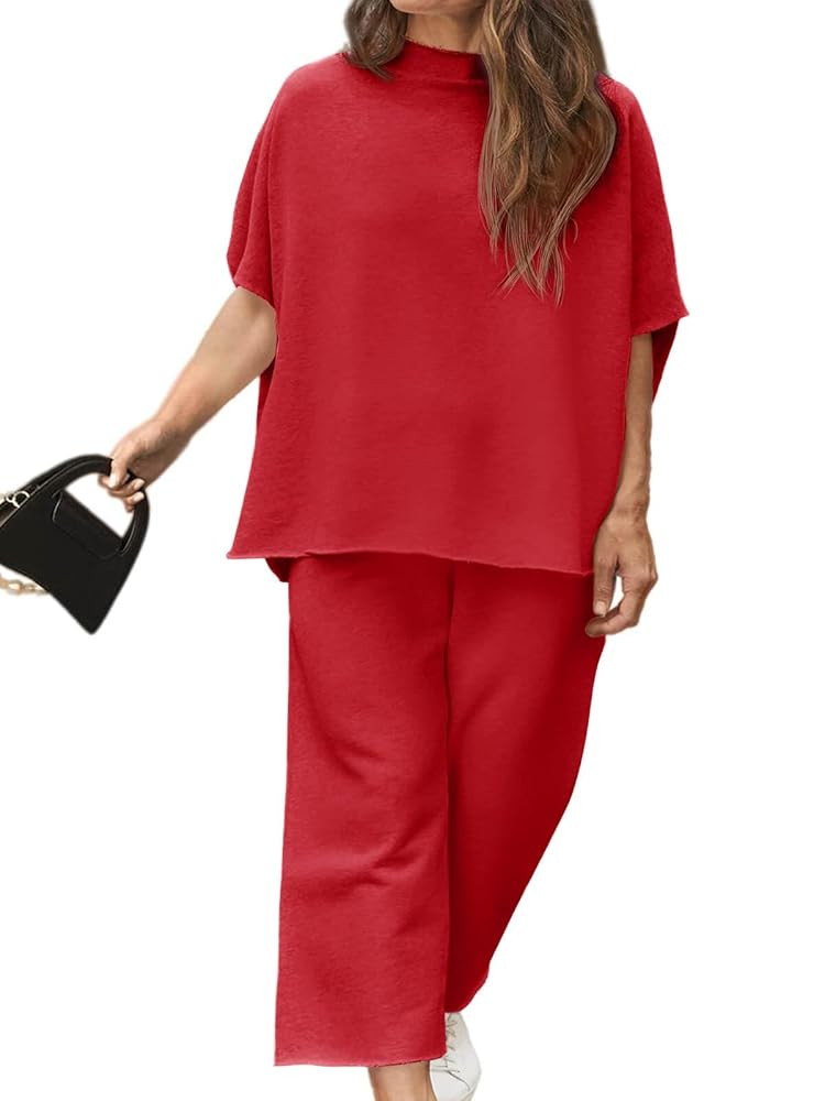 Beautife Women's Plus Size 2 Piece Outfits 3/4 Batwing Sleeve Capelet Crew Neck Pullover Top Wide... | Amazon (US)