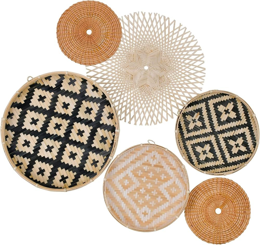 Set of 6 Hanging 𝗪𝗮𝗹𝗹 𝗕𝗮𝘀𝗸𝗲𝘁 𝗗𝗲𝗰𝗼𝗿, Woven Boho Wall Baskets - Natural Bamboo, Rattan, and Wicker Decor - Versatile Round Wall Decor for Home, Ideal Housewarming Gift | Amazon (US)