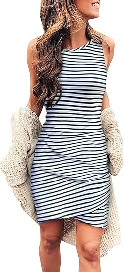 BTFBM Women Casual Dress Crew Neck Ruched Summer Sleeveless Tank Bodycon Shirt Short Mini Dresses | Amazon (US)