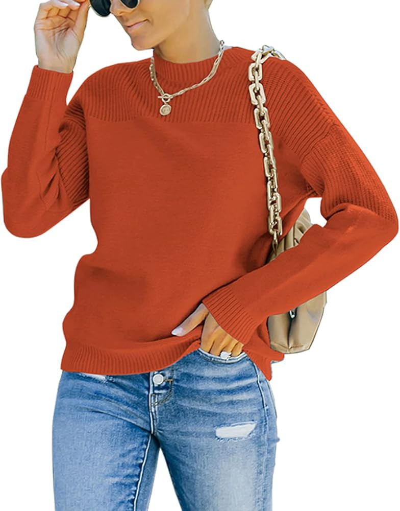 Amkoyam Autumn Winter Women's Long Sleeve Crew Neck Sweater Casual Solid Color Ribbed Knitted Pul... | Amazon (US)