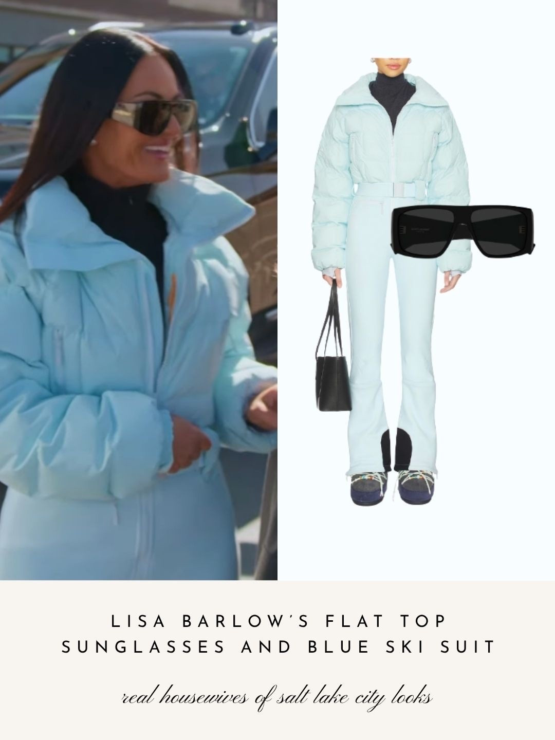 Lisa Barlow’s Flat Top Sunglasses and Light Blue Ski Suit