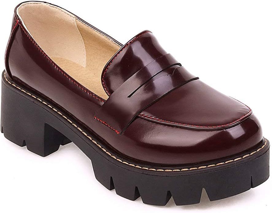 Women's Classic Platform Chunky Heel Penny Loafers Slip On Round Toe Patent Leather Oxfords Dress... | Amazon (US)