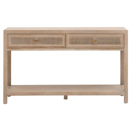 Lulu Coastal Beach Grey Oak Wood Woven Cane 2 Drawer Console Table | Kathy Kuo Home