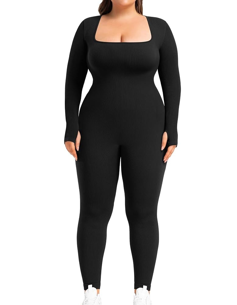 BLEVONH Women's Yoga Jumpsuits Ribbed Workout Rompers Square Neck Long Sleeve Bodysuits Full Leng... | Amazon (US)