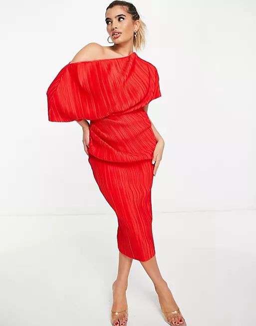 ASOS DESIGN fallen shoulder plisse midi dress in flame red | ASOS (Global)