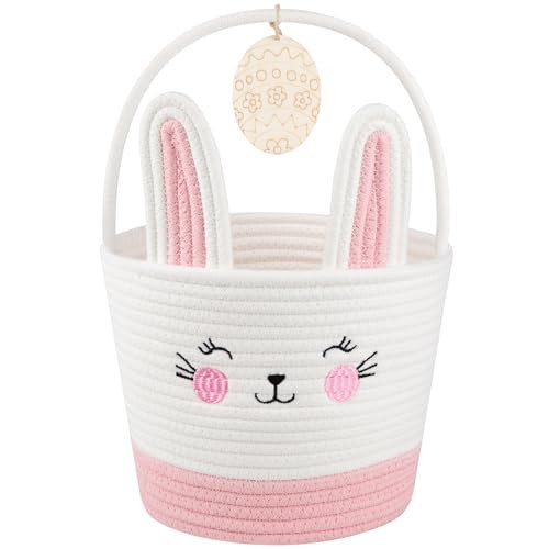 OIASKET Personalized Easter Basket for Toddler, Woven Baby Easter Gifts basket with Handle, Empty Bunny Egg Basket for Girls Boys Kids, Pink&White | Amazon (US)