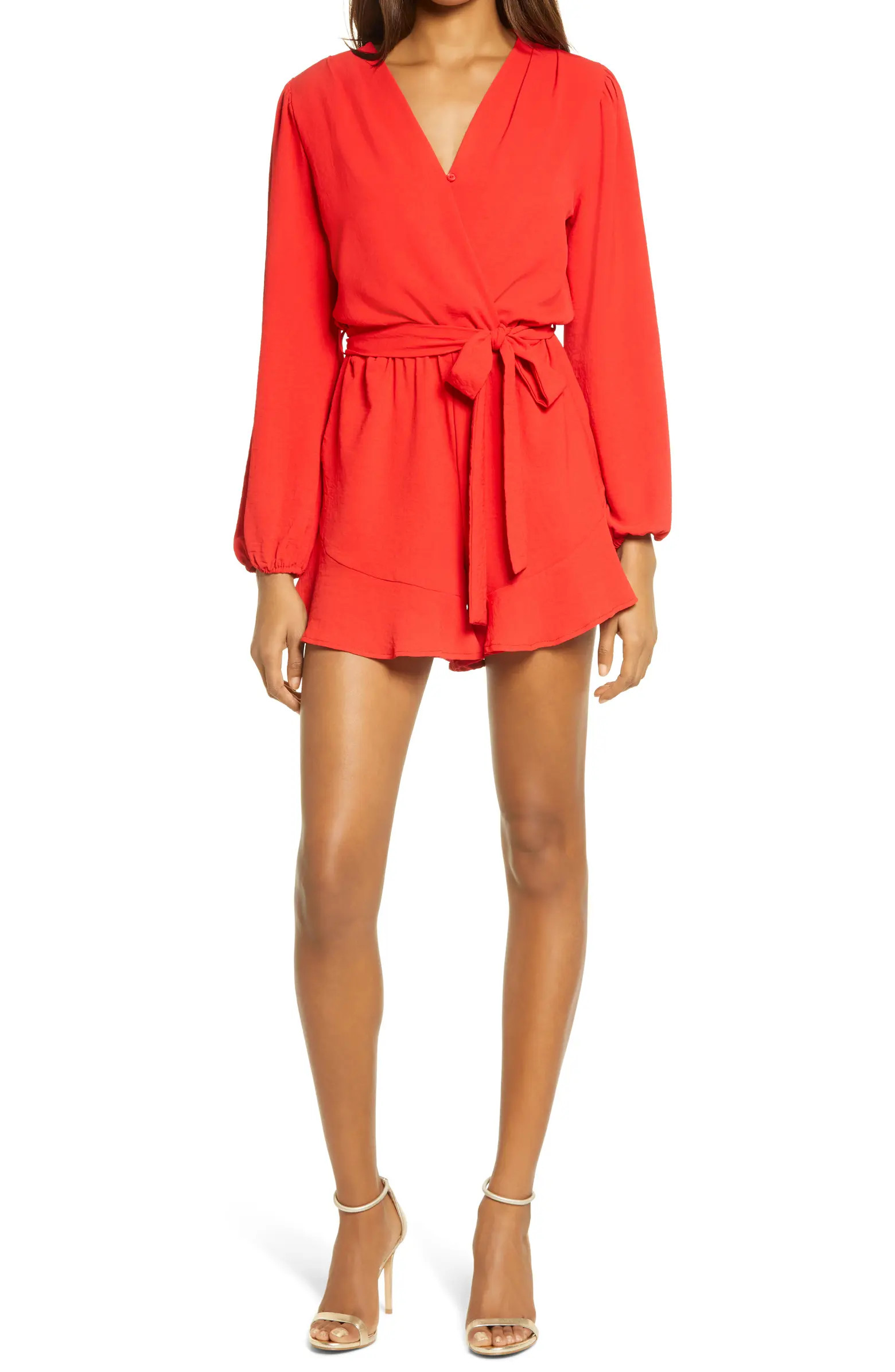 Flaired Tie Waist Long Sleeve Romper | Nordstrom