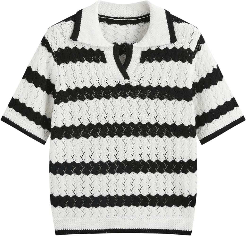 CIDER French Riviera Vacation Polo Striped Hollow Out Knitted Short Sleeve Top | Amazon (US)