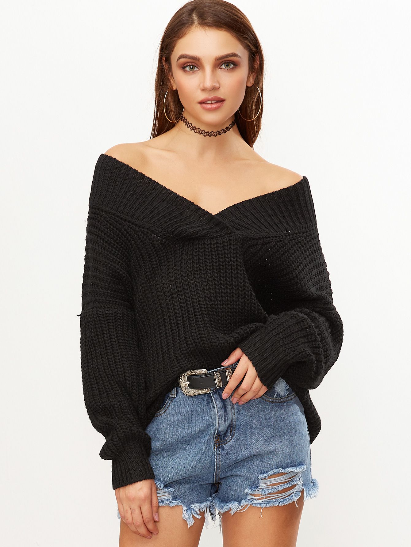 Black V Neck Drop Shoulder Chunky Knit Sweater | SHEIN