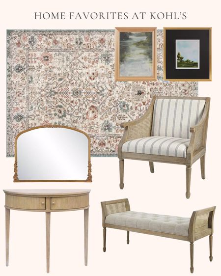 Home decor and furniture favorites at kohls. Dining room. Entry. Bedroom decor. Vintage floral area rug. Martha Stewart upholstered accent chair. Across the plains framed wall art. Estuary landscape framed wall art. Crestview storage console table. Tufted accent bench. Good elegant wall mirror  

#LTKhome