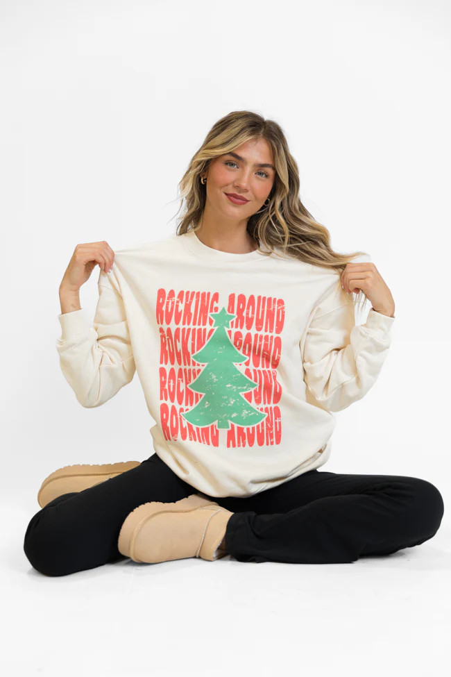 Rocking Around Christmas Cream Oversized Graphic Sweatshirt | Pink Lily