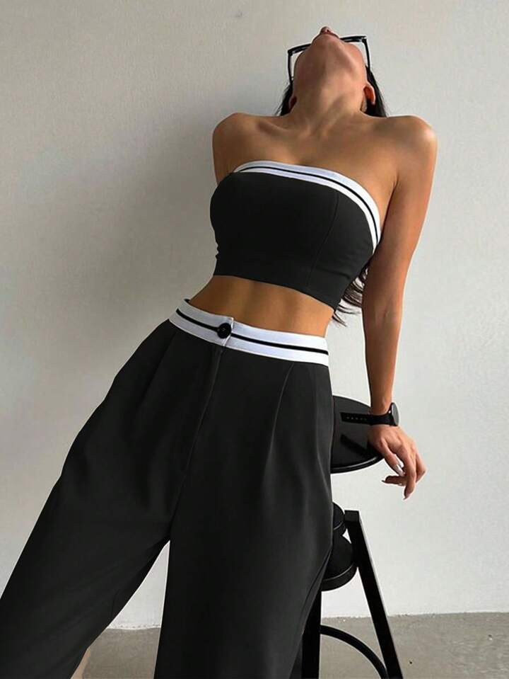 SHEIN Essnce 2pcs Set Women Contrast Color Bandeau Top And Pants | SHEIN USA | SHEIN