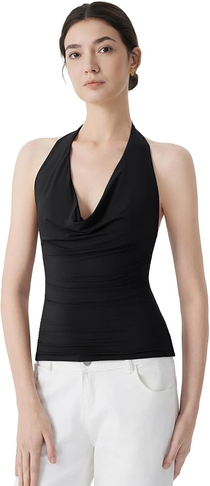 SUUKSESS Women Deep V Built in Bra Cowl Halter Tops Going Out Open Back Tank Tops | Amazon (US)