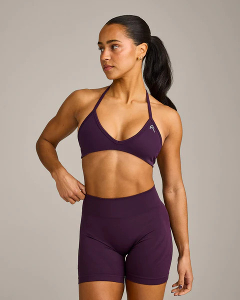 EnhanceLift™ Seamless Minimal Halter Neck Bralette with Gray Logo 
 Blackberry Purple | Oner Active (UK / US)