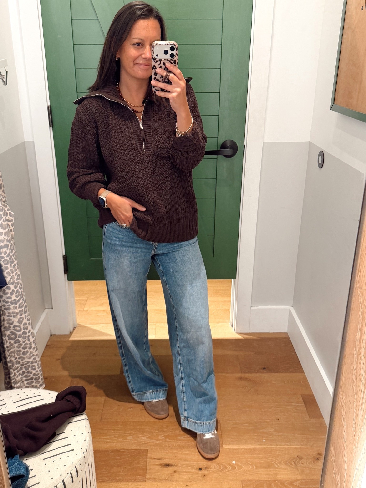 Zero itch cozy sweater! Longer length so can be worn with leggings too! Runs big - this is the xs.  Comfy wide leg jeans run true to size.

#LTKmomlife #LTKootd #LTKOver40