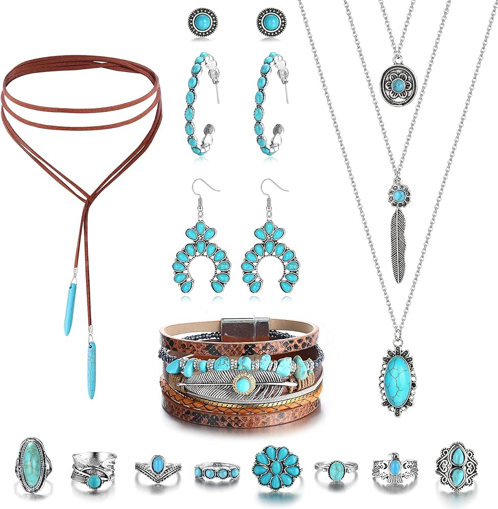 Helicopchain Western Jewelry For Women Bohemian Turquoise Jewelry Set Turquoise Pendant Choker Ne... | Amazon (US)