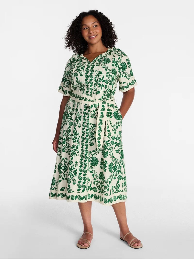 Time and Tru Women\u2019s Border Print Linen Blend Midi Dress, Sizes XS-XXXL | Walmart (US)