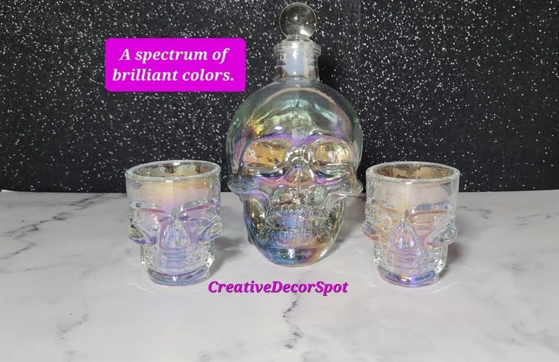 Custom Radiance 3 Piece 15 Oz. White Pearl Etched Skull Face Glass Decanter & Skull Shot Glasses/... | Etsy (US)