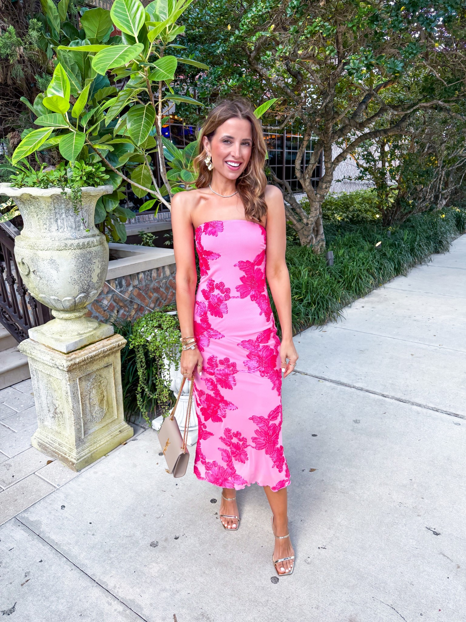 My Palm Beach dinner outfit in XS. Wedding guest dress. Spring wedding guest. Summer wedding guest. Cocktail dress. Vacation outfit. Vacation dress. Party dress. Gold heels are TTS. YSL Kate purse. 

#LTKootd #LTKTravel #LTKWedding