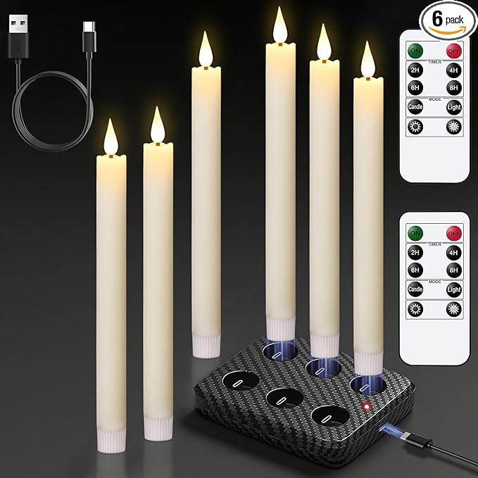 GenSwin Rechargeable Flameless Taper Candles with Charging Base, 6 Pack LED Candles Battery Opera... | Amazon (US)