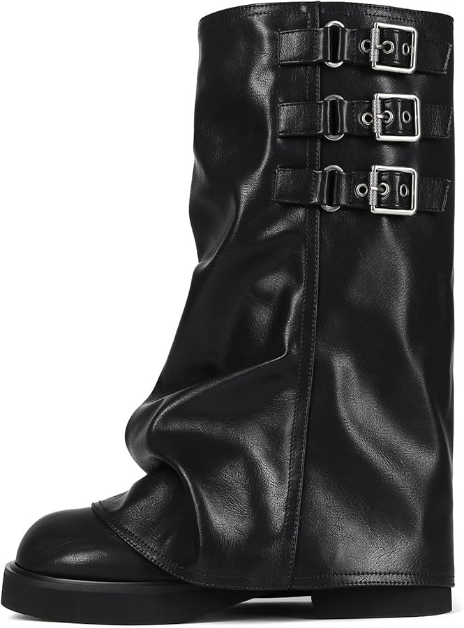 Mid Calf Slouchy Boots for Women Square Toe Fold Over Motorcycle Riding Boots With Buckle Wide Ca... | Amazon (US)