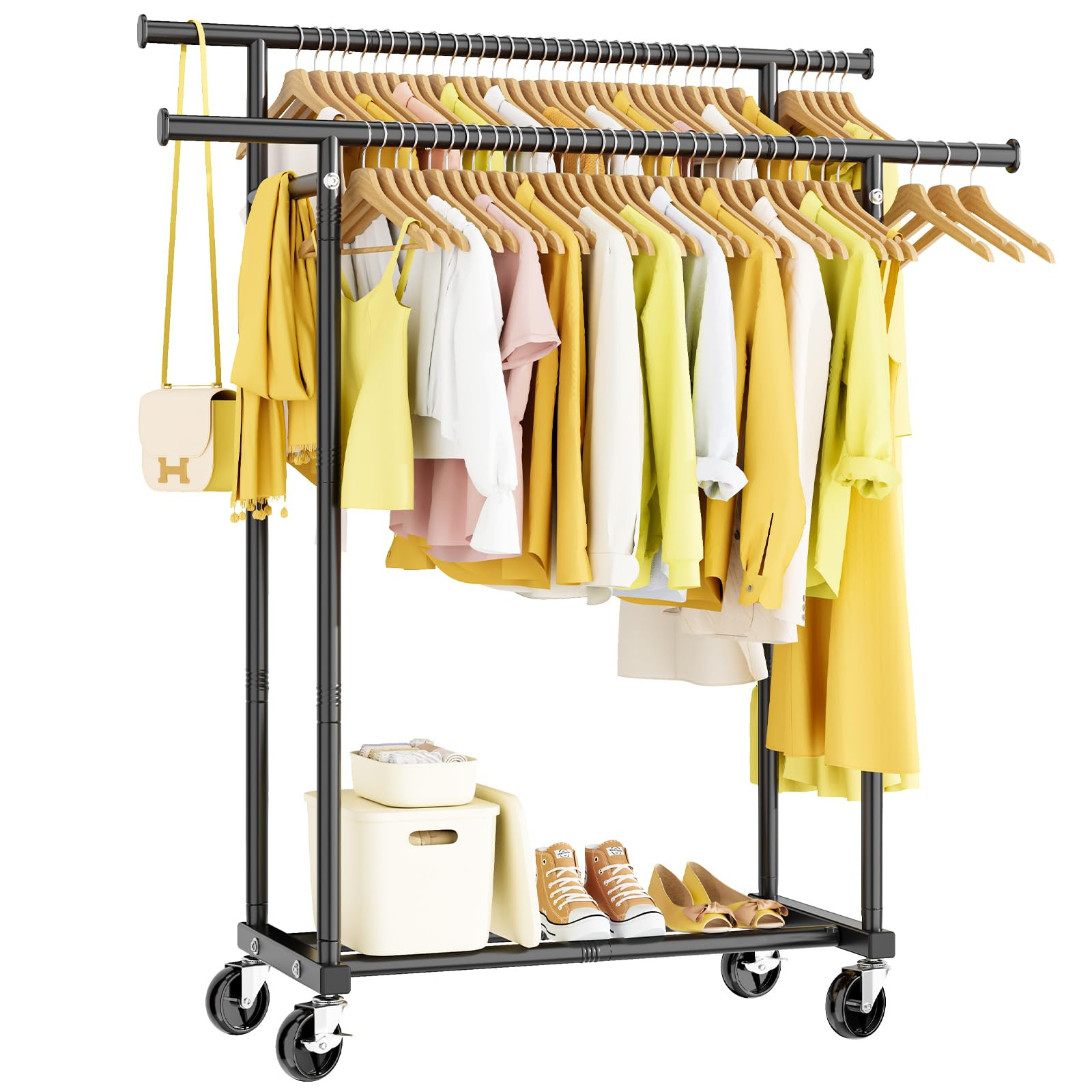 Double Rods Clothes Rack, Rolling Clothing Rack for Hanging Clothes Portable Wardrobe Rack, Metal... | Amazon (US)