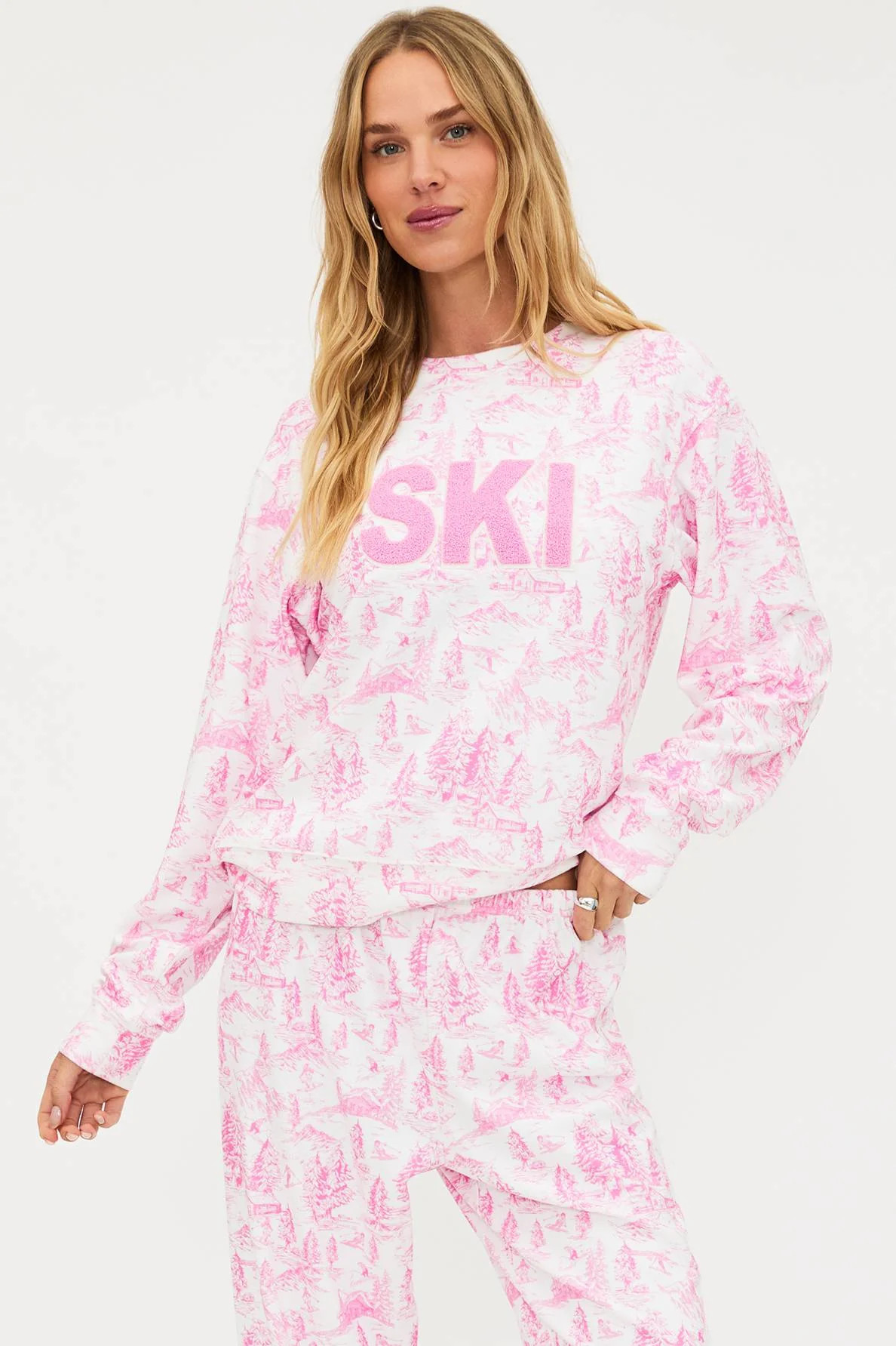 Cassia Top Powder Pink Toile | Pink & White Ski Sweatshirt | Beach Riot | Beach Riot