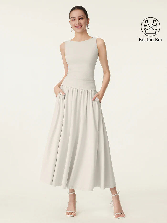 2Pcs Set Boatneck Brami Tank & Umbrella Maxi Skirt with Pockets | OGLmove