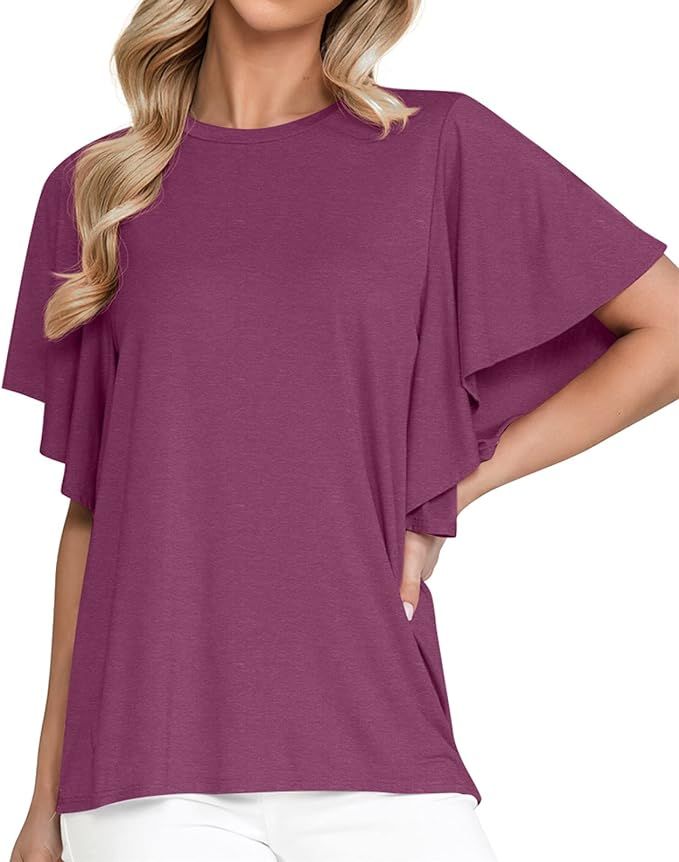 PrinStory Womens Tops Summer Short Ruffle Sleeves Tunic Casual Shirt | Amazon (US)