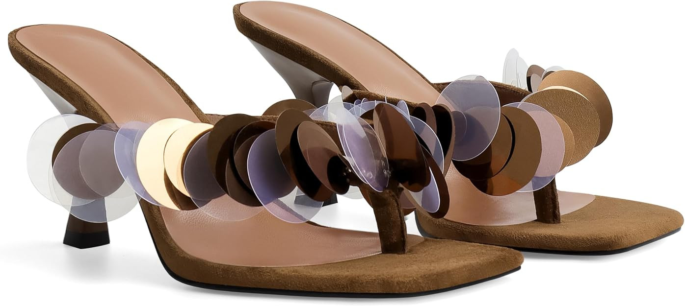 Flip Flop Heels for Women Square Open Strappy Heels Dressy Kitten Heeled Sandals with Plastic Dis... | Amazon (US)