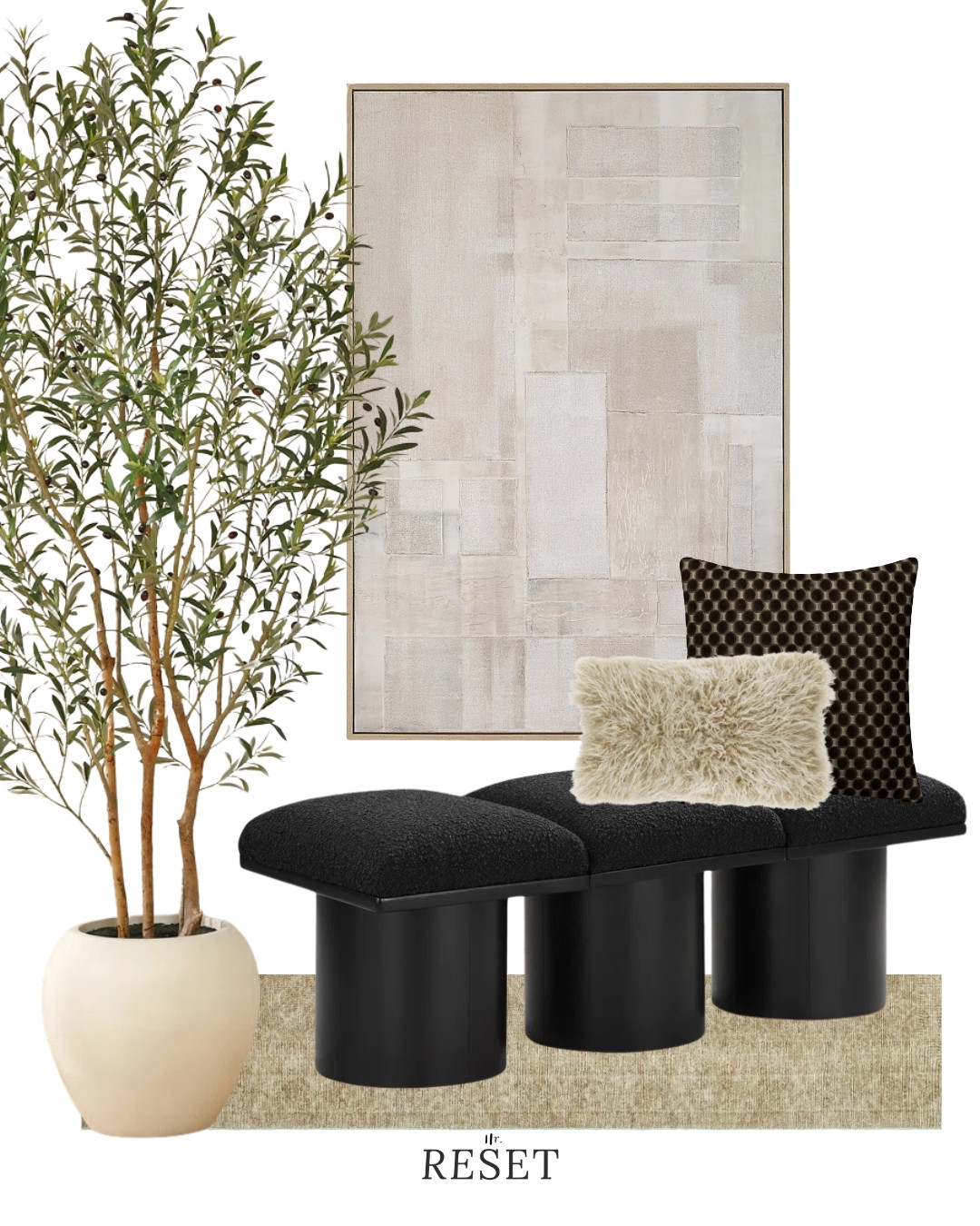 Neutral modern entryway seating with a high-end, sculptural look.
Featuring a black upholstered bench, large neutral abstract wall art, textured accent pillows, and a potted olive tree in a ceramic planter.
Ideal inspiration for modern, warm modern, or contemporary entryways. 

 #LTKSeasonal #LTKHome