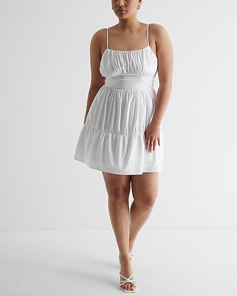 Ruched Tiered Poplin Mini Dress | Express