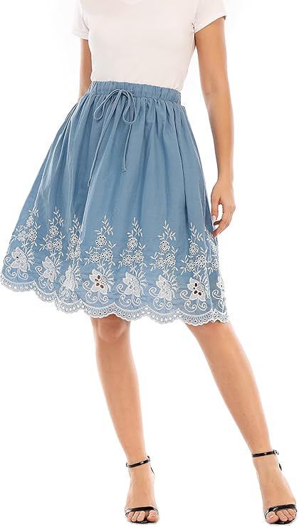 Women's Summer Cotton A-line Flared Embroidered Knee Length with Lining Knee Length Skirt | Amazon (US)