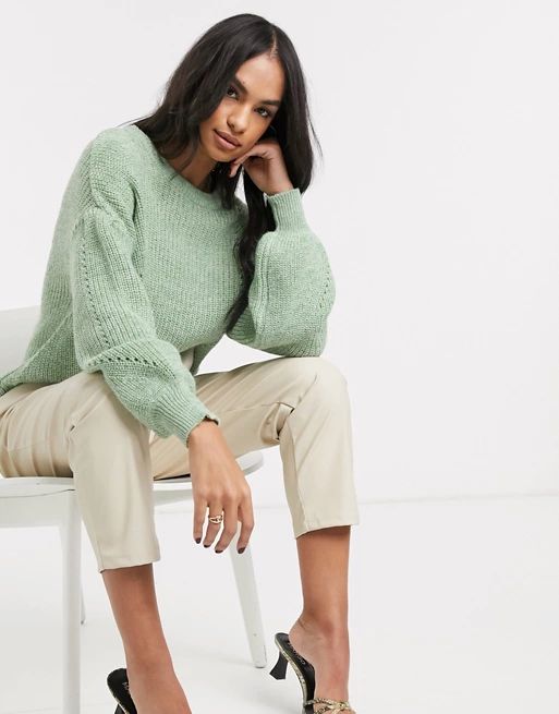 Vila knitted sweater with balloon sleeve in green | ASOS (Global)