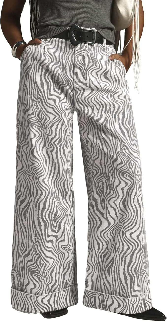 Women's Zebra Printed Wide Leg Pants Double Hem High-Rise Cuffed Baggy Jeans | Amazon (US)