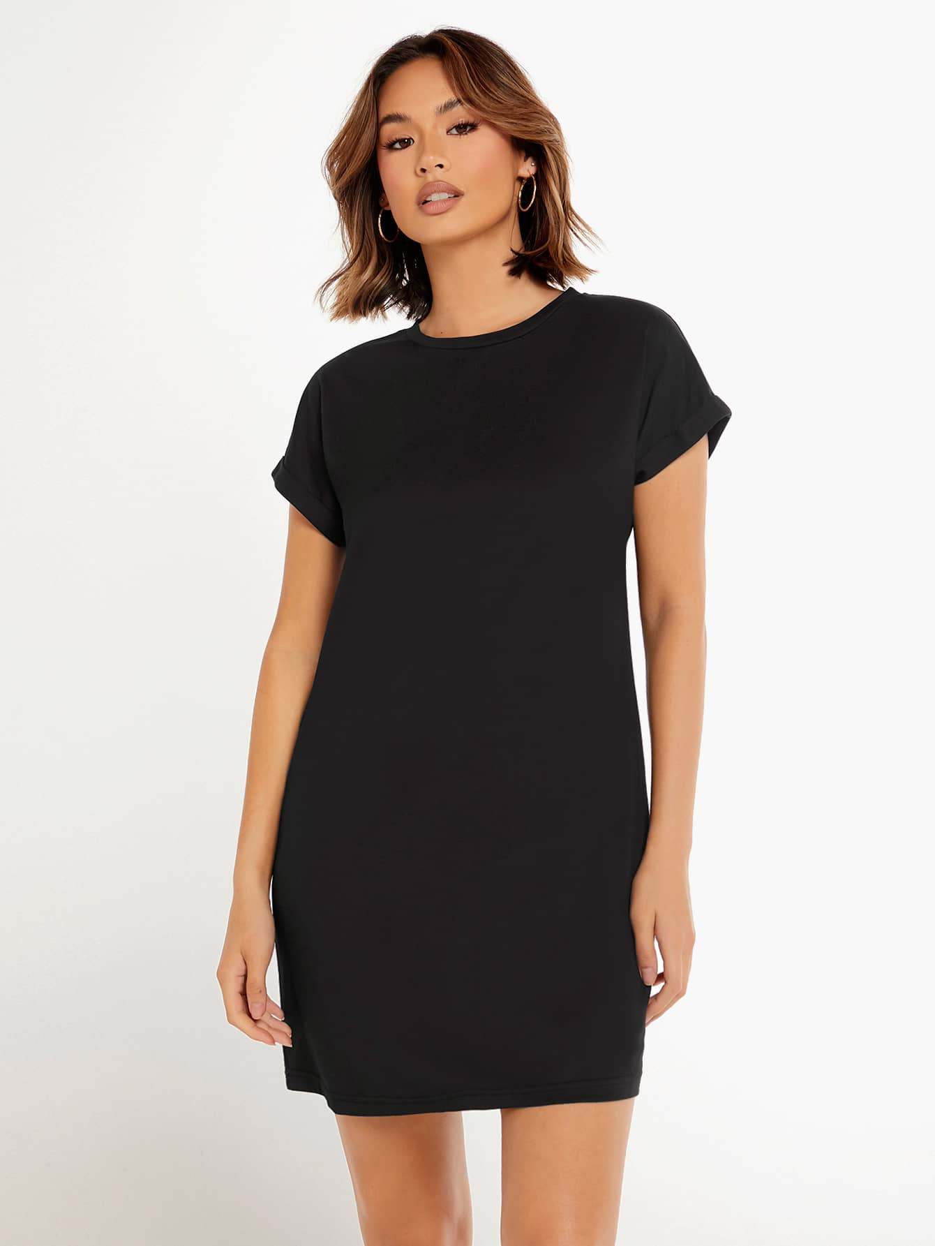 SHEIN BASICS Solid Dolman Sleeve Tee Dress | SHEIN