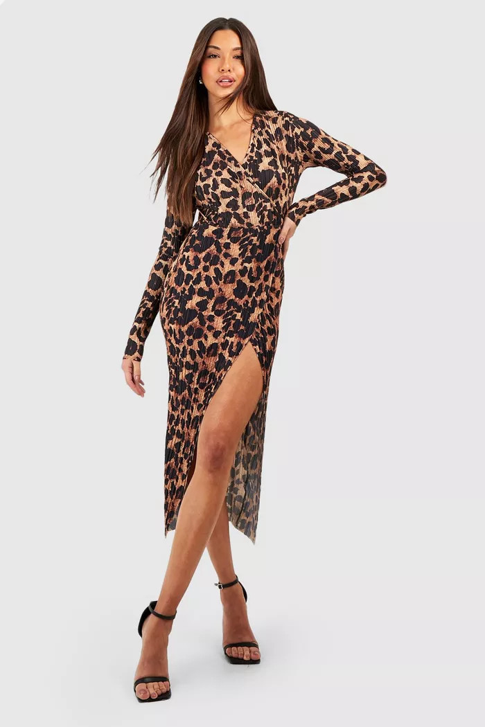 Leopard Plisse Wrap Midi Dress | boohoo (US & Canada)