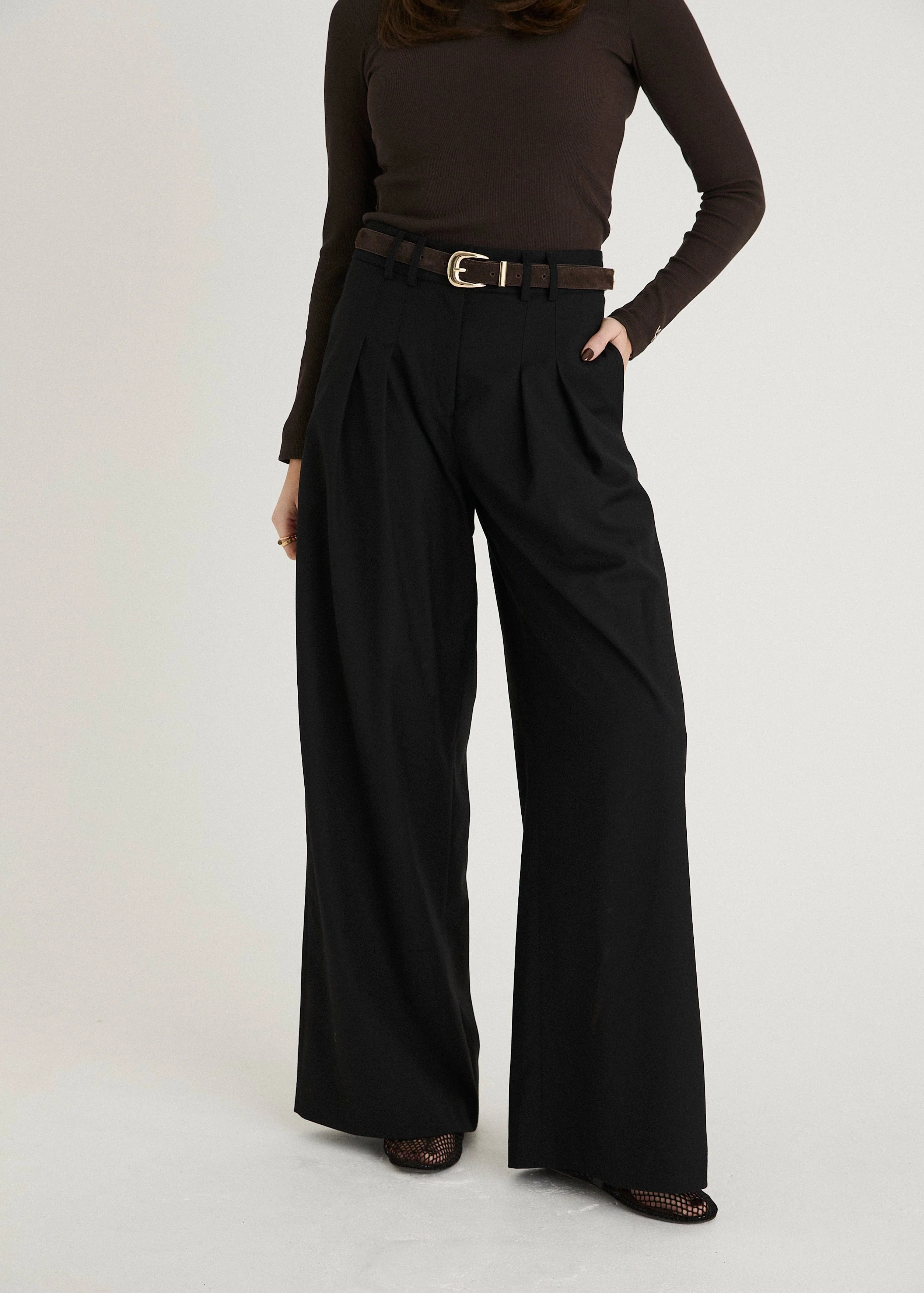TWILL TAILORED WIDE LEG TROUSERS - BLACK | WAT The Brand