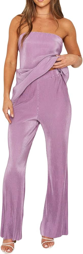 AMILIEe Womens 2 Piece Pants Set Strapless Off Shoulder Back Cutout Tube Tops Pleated Wide Leg Pa... | Amazon (US)