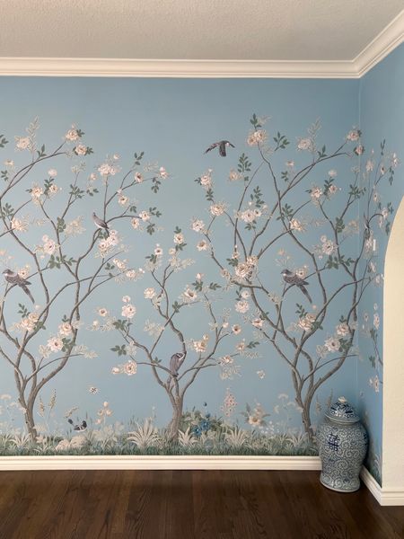 The wallpaper in our dining room: “Lingering Garden” by York in light blue. The perfect paper for chinoiserie and blue and white lovers of traditional home interior style! Available to purchase at DecoratorsBest.com. 

#LTKhome #LTKSeasonal #LTKparties