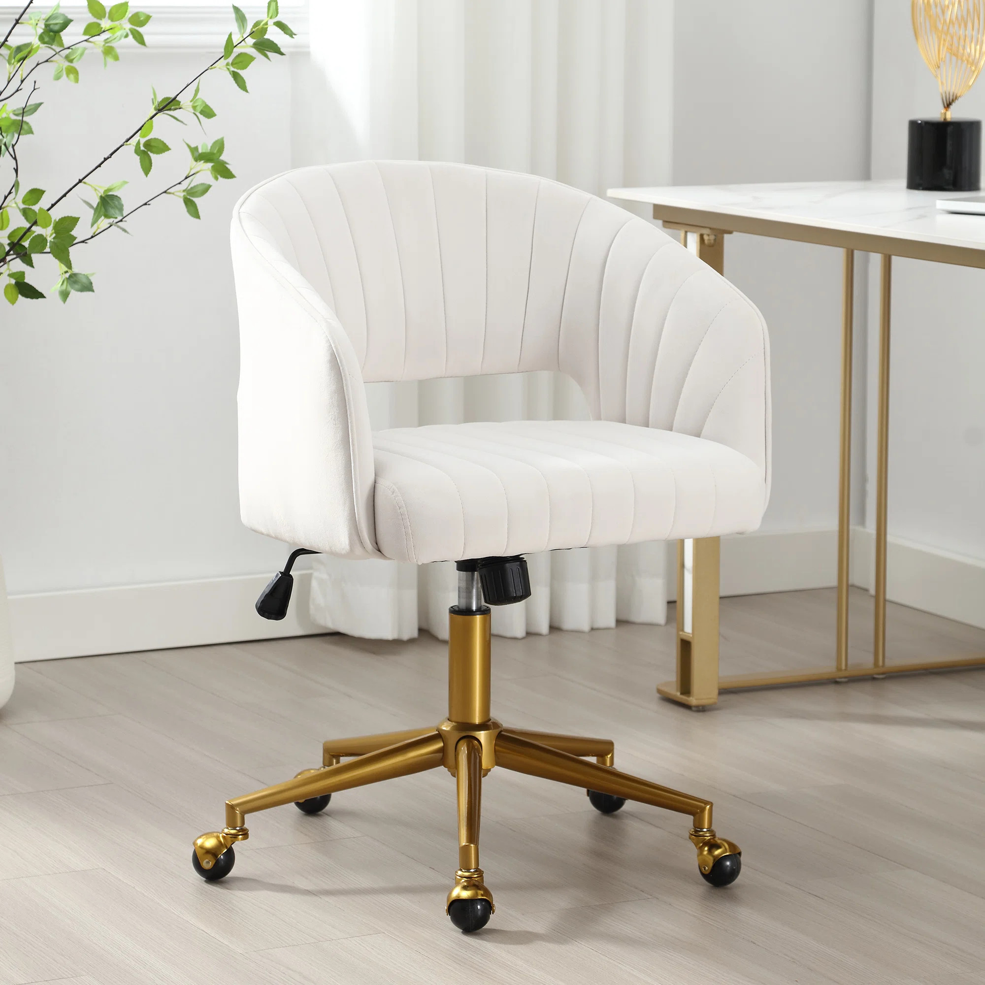 Mercer41 Velvet Desk Chair with Wheels, Home Office Swivel Armchair with Gold Base, Back Incline ... | Wayfair North America