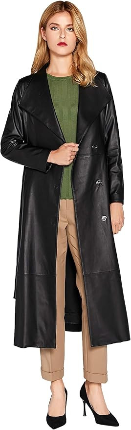 Women's Genuine Leather Trench Coat Black Lambskin Long Leather Jacket Coat with Belt SmartUniver... | Amazon (US)