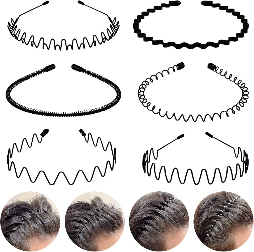 fenshine 6PCS Metal Hair Bands, Spring Wavy Hoop Unisex Black Headband Slicked Back Non Slip Spor... | Amazon (US)
