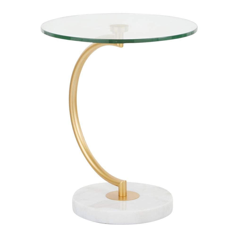 Lumisource White Marble, Gold Metal, and Clear Glass C-Shaped Contemporary End Table, Clear Glass/Go | The Home Depot