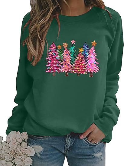 Christmas Sweatshirts Women Colorful Christmas Tree Graphic Shirt Xmas Holiday Party Long Sleeve ... | Amazon (US)