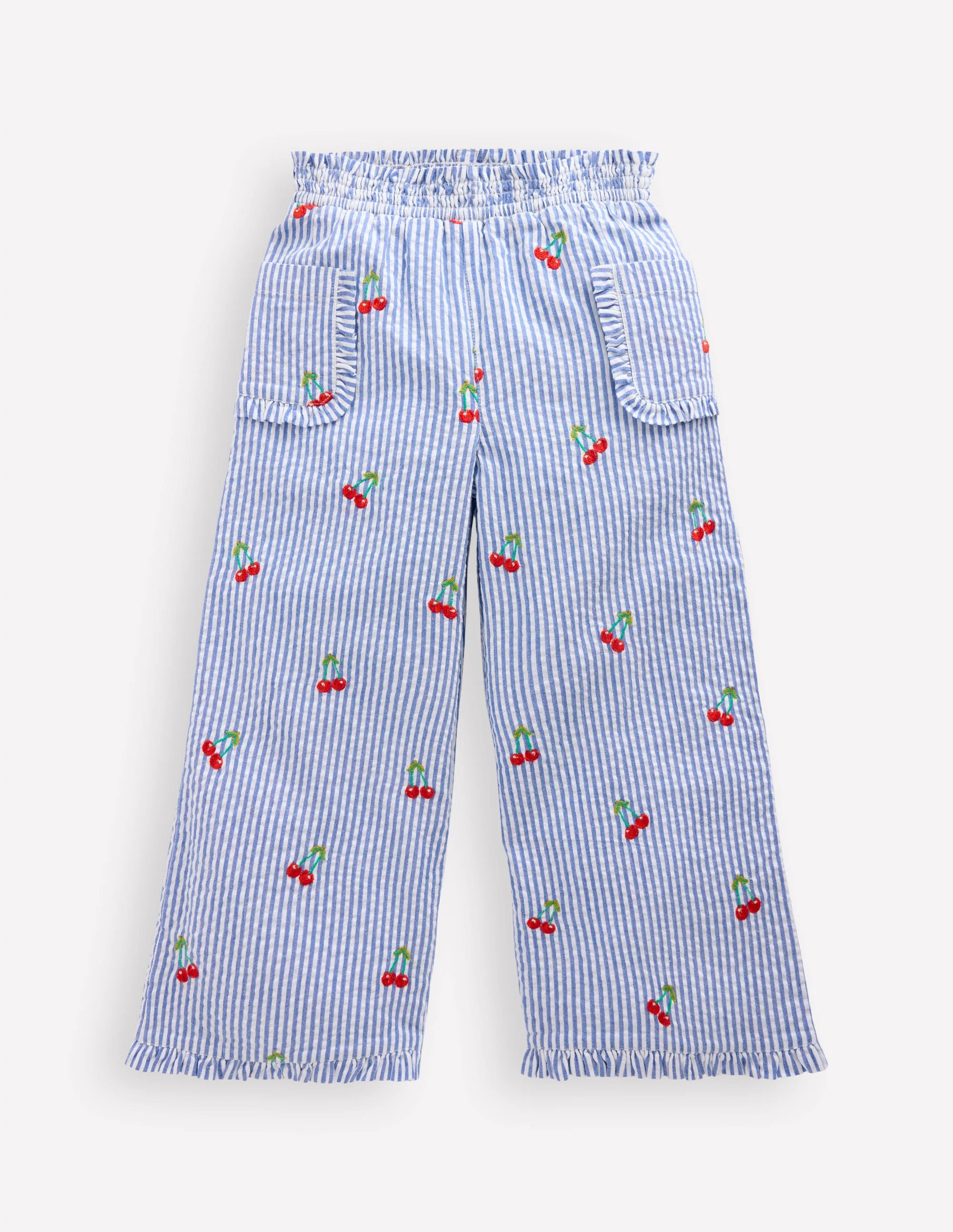 Nostalgic Frill Trousers-Blue Ticking Cherries | Boden (US)