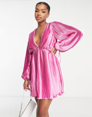 ASOS DESIGN satin pleat detail plunge mini dress with blouson sleeves in pink | ASOS (Global)